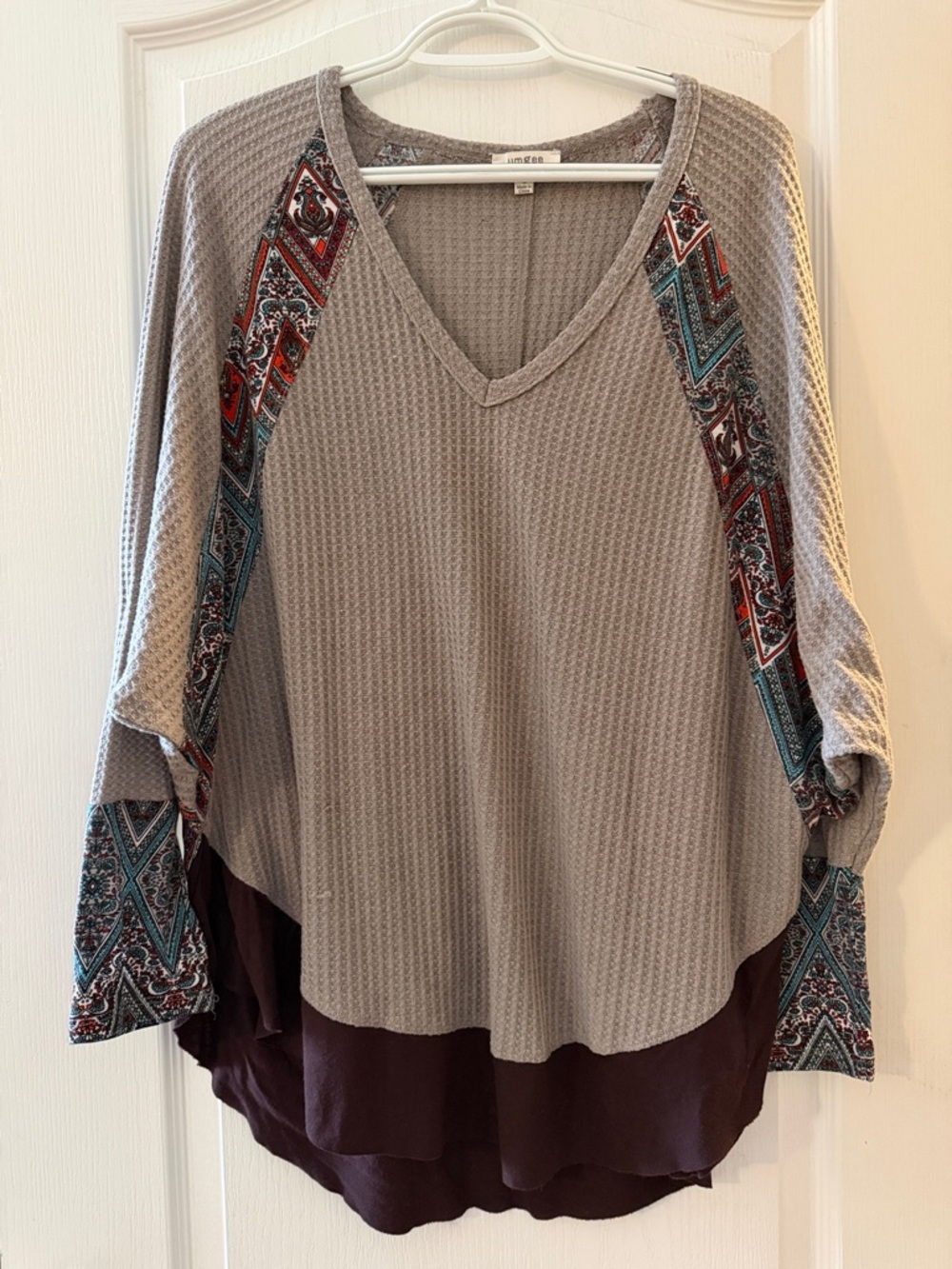 Umgree Waffle Knit V-Neck Layered Tunic with Patterned Raglan Sleeves